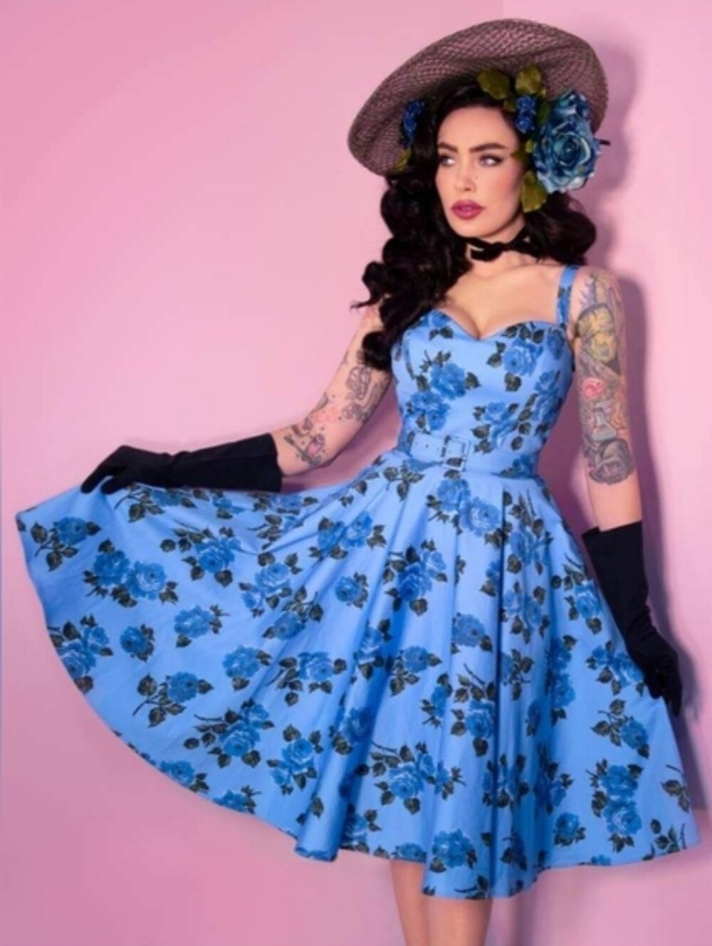 Vixen by Micheline Pitt Sweetheart Swing Dress in Blue Roses, Size 4X